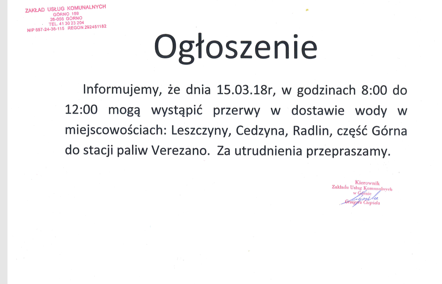 Ogłoszenie – przerwa w dostawie wody dnia 15.03.18r w miejscowościach: Leszczyny, Cedzyna, Radlin, część Górna.